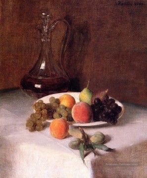 Une carafe de vin et une assiette de fruits sur une nappe blanche Henri Fantin Latour Peinture à l'huile